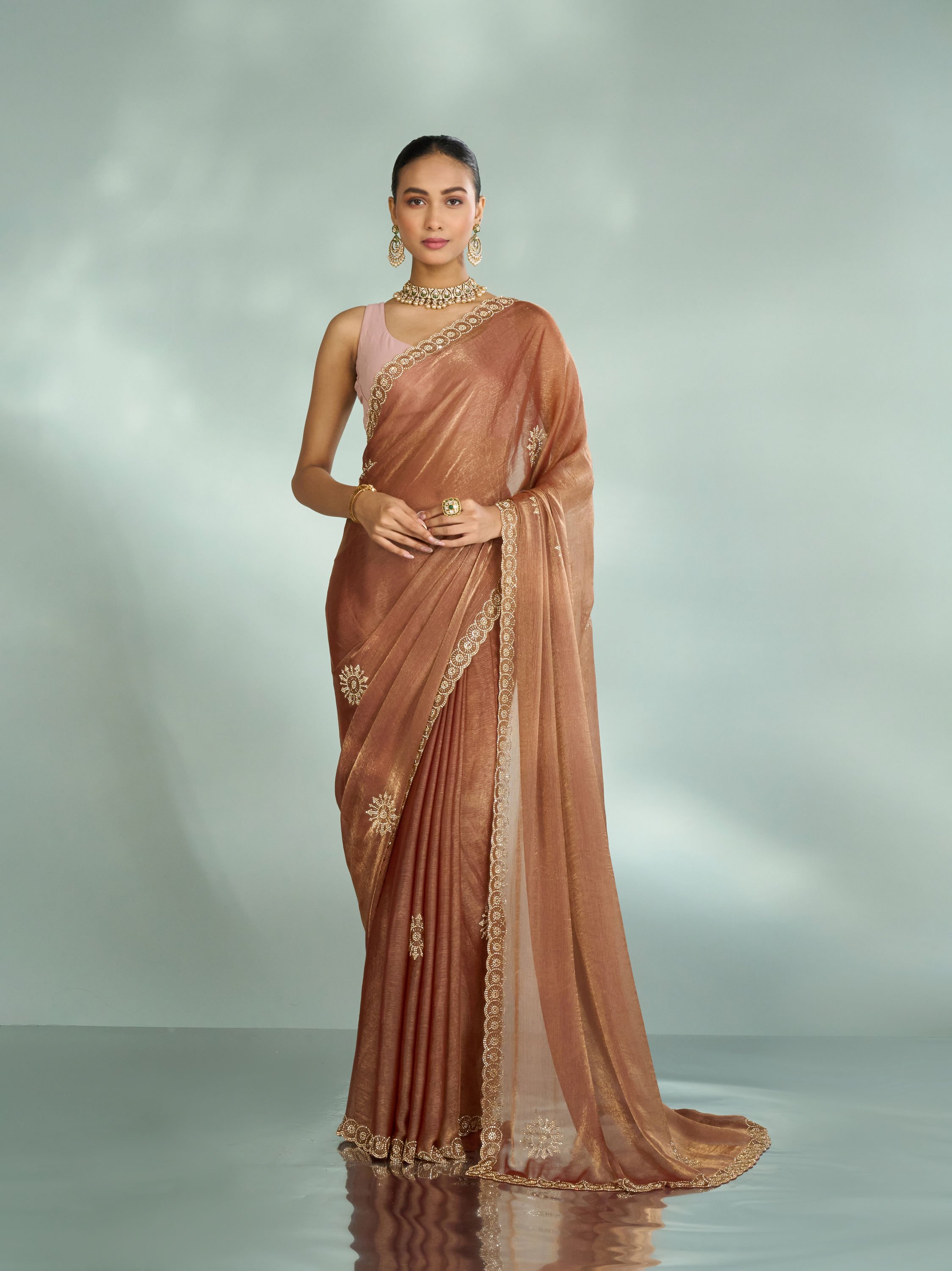 Mohey Women Elegant Rust Red Chinon Saree