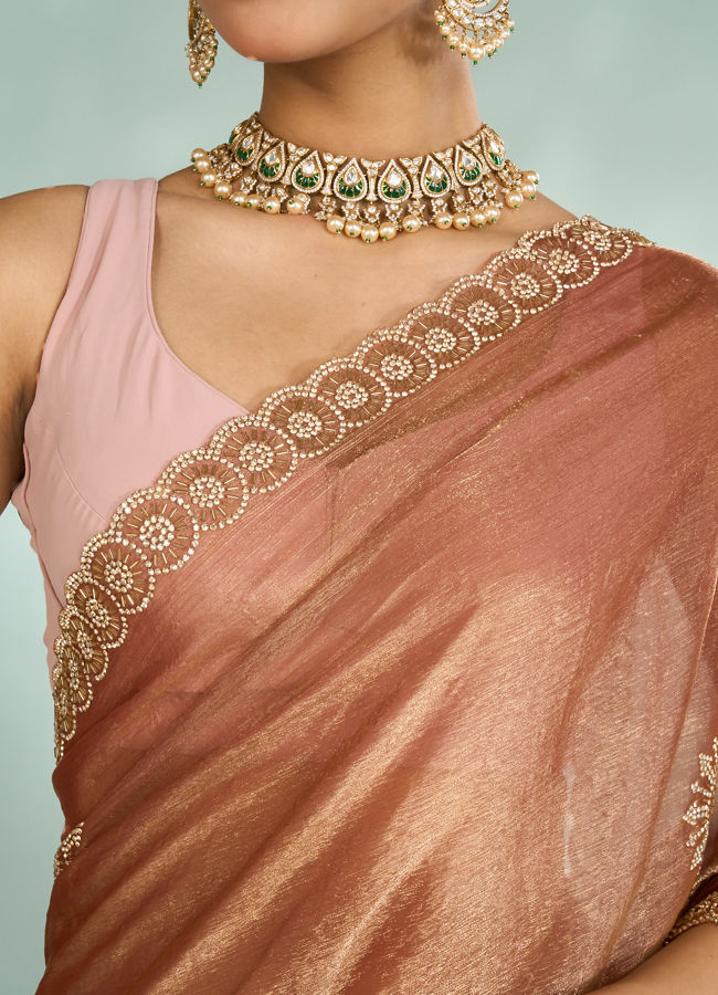 Mohey Women Elegant Rust Red Chinon Saree