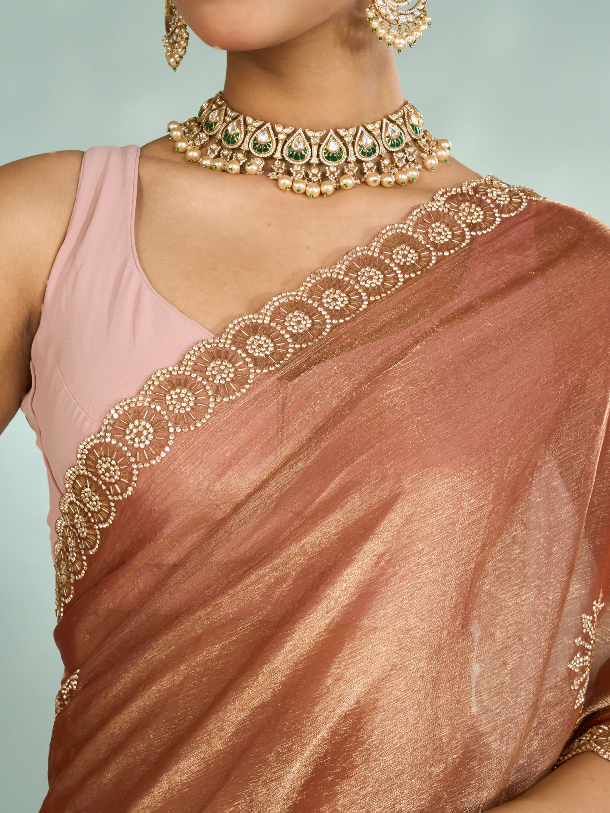 Mohey Women Elegant Rust Red Chinon Saree