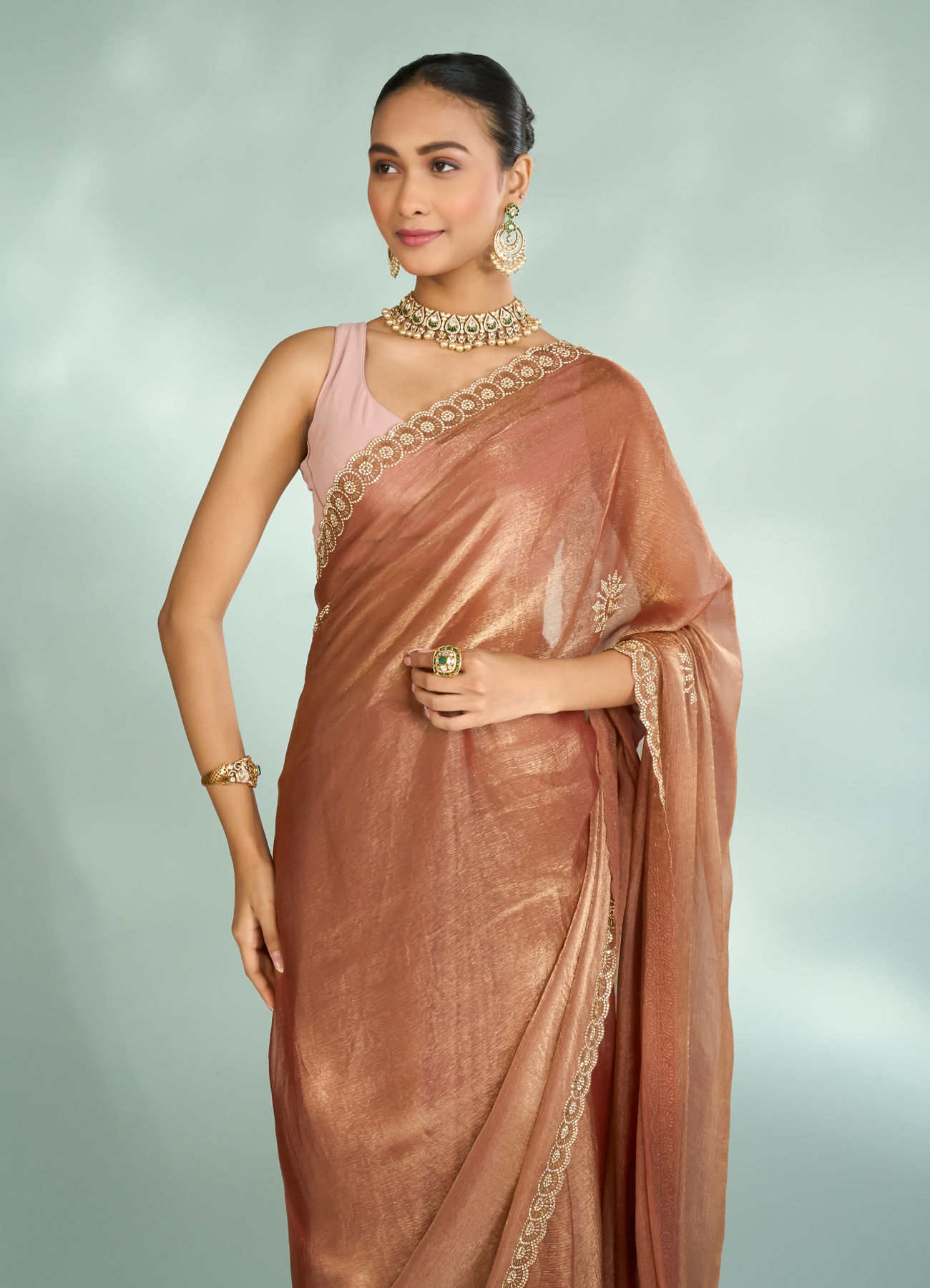 Mohey Women Elegant Rust Red Chinon Saree