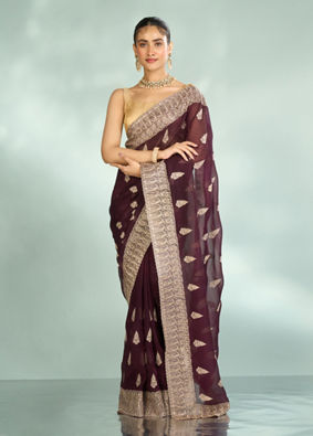 Mohey Women Wine Elegance Organza Saree