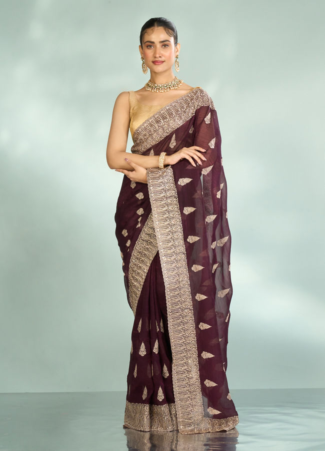 Mohey Women Wine Elegance Organza Saree