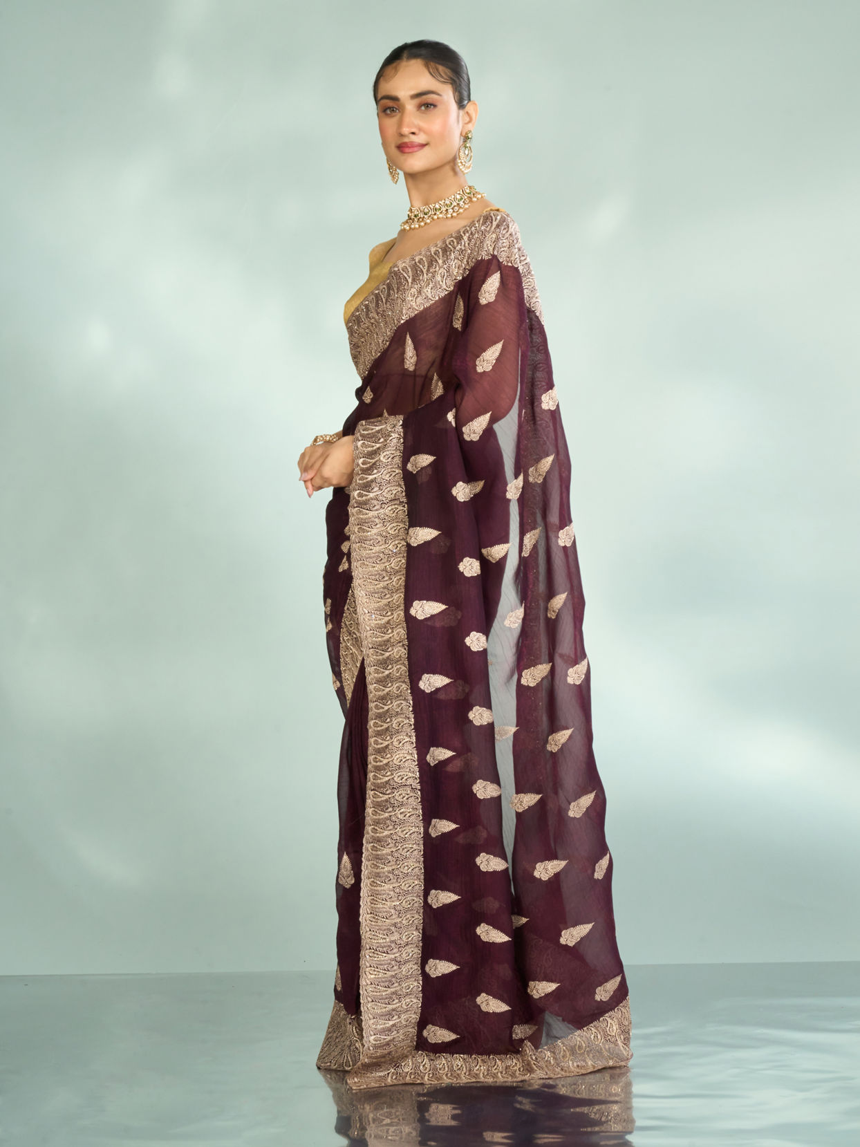 Mohey Women Wine Elegance Organza Saree