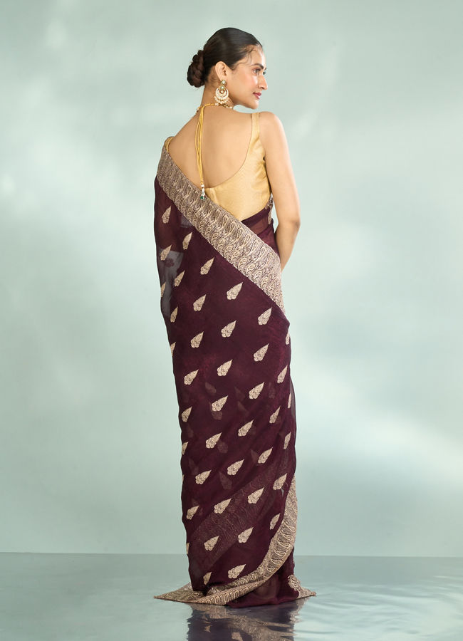Mohey Women Wine Elegance Organza Saree