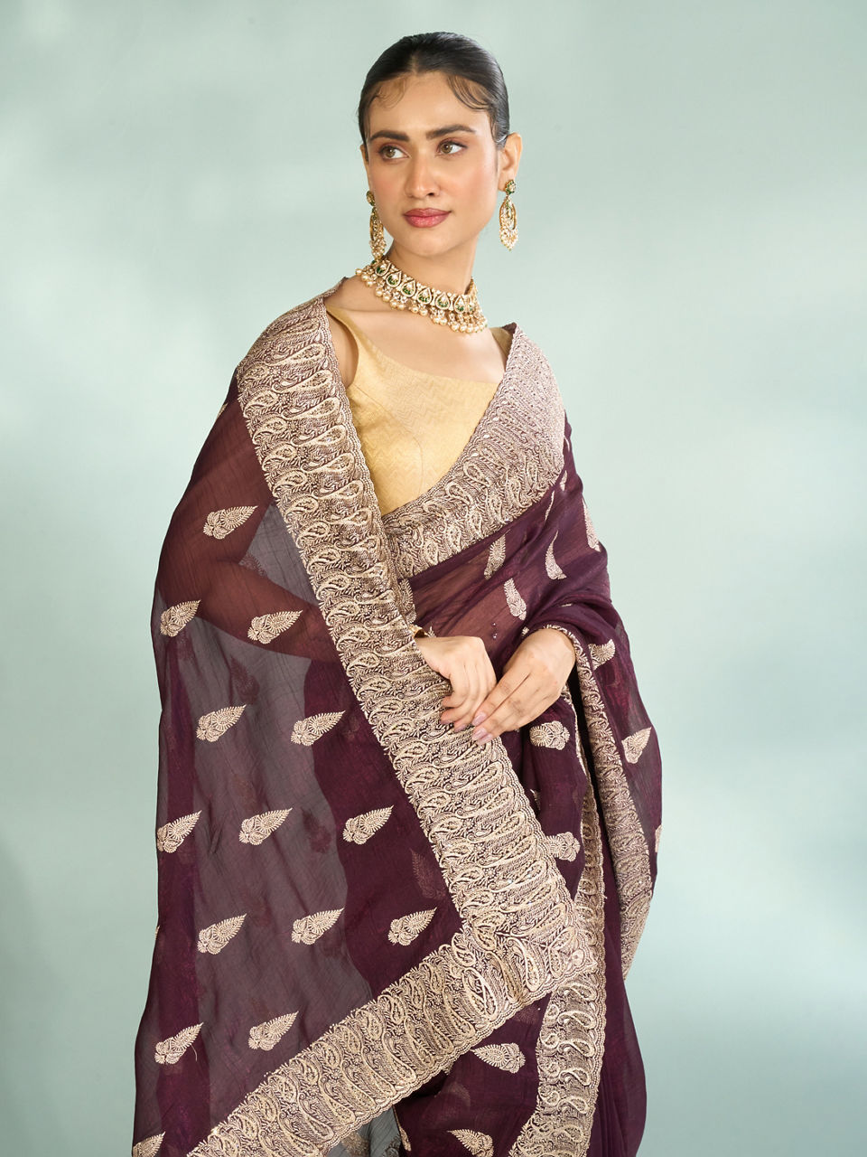 Mohey Women Wine Elegance Organza Saree