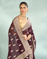 Mohey Women Wine Elegance Organza Saree