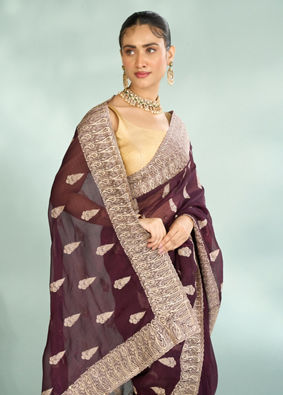Mohey Women Wine Elegance Organza Saree