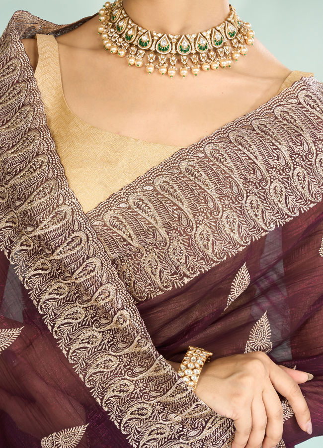Mohey Women Wine Elegance Organza Saree
