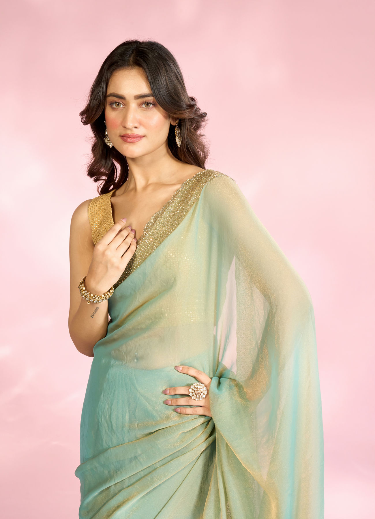 Mohey Women Ethereal Light Blue Organza Saree