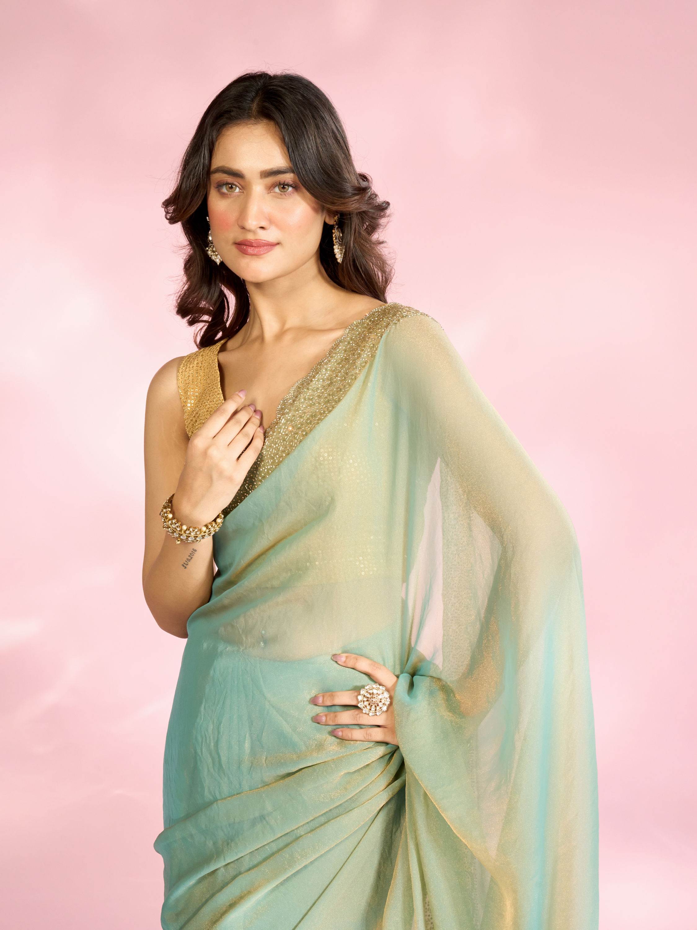 Mohey Women Ethereal Light Blue Organza Saree