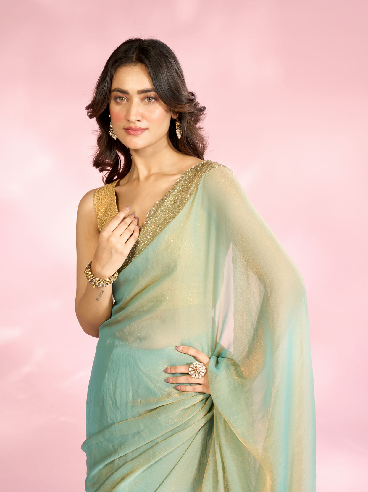 Mohey Women Ethereal Light Blue Organza Saree