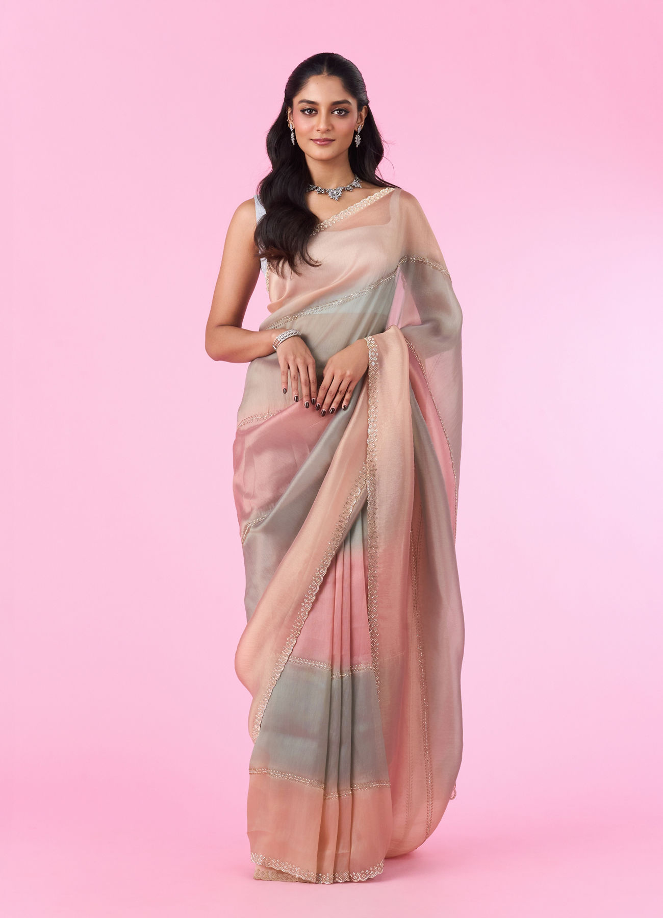 Mohey Women Sea Green-Fawn Organza Party Wear Saree