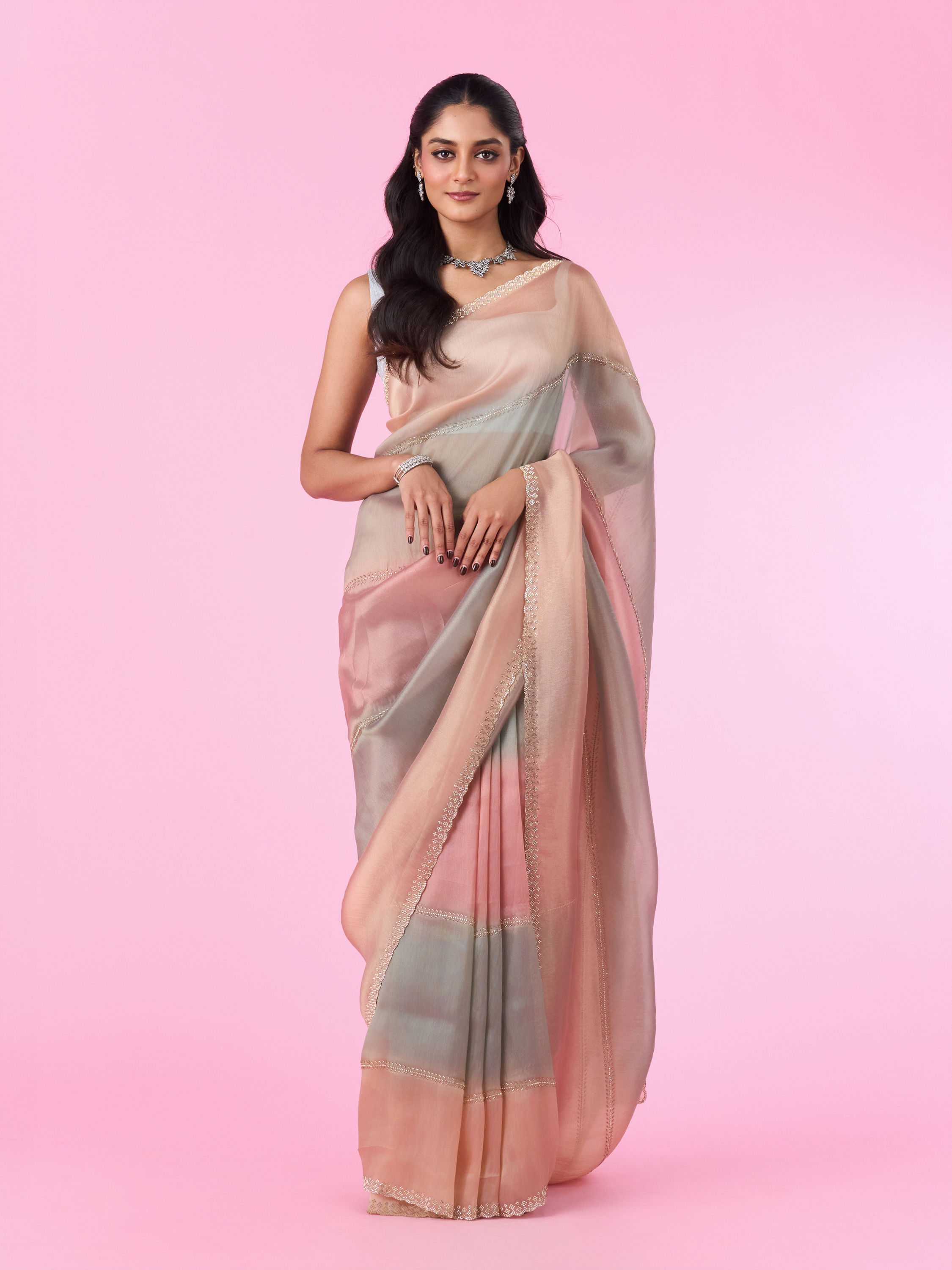 Mohey Women Sea Green-Fawn Organza Party Wear Saree
