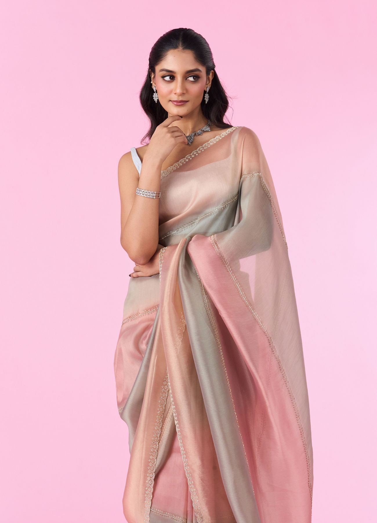 Mohey Women Sea Green-Fawn Organza Party Wear Saree