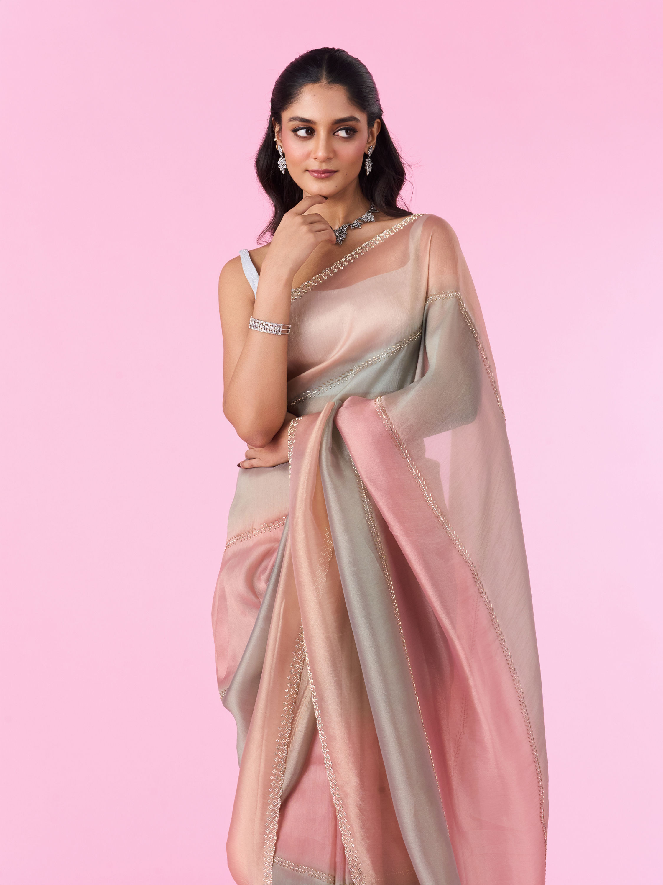 Mohey Women Sea Green-Fawn Organza Party Wear Saree