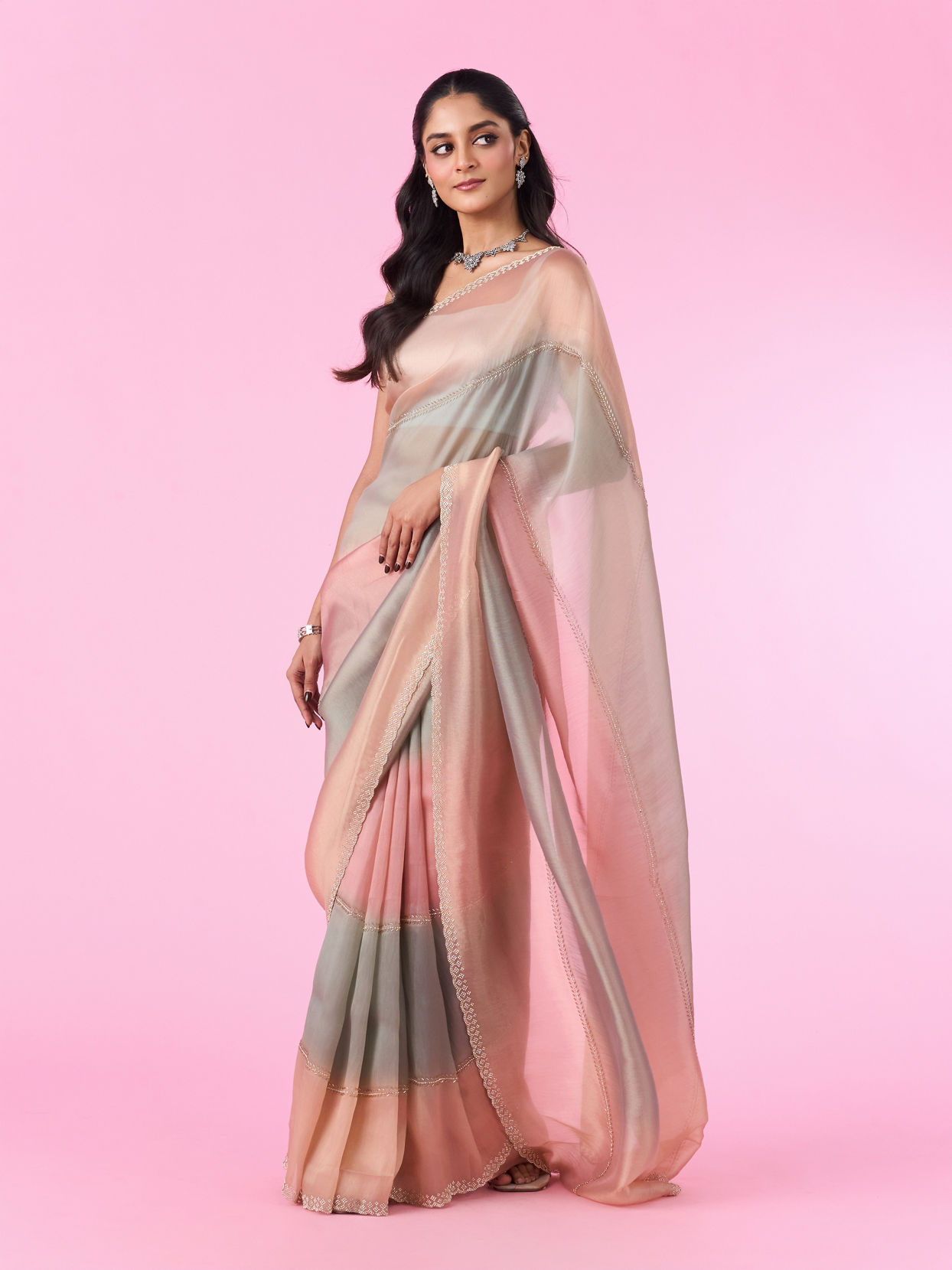 Mohey Women Sea Green-Fawn Organza Party Wear Saree