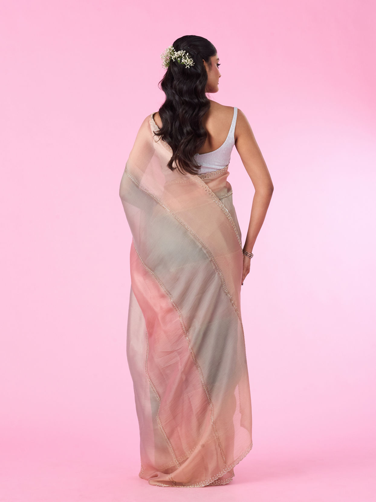 Mohey Women Sea Green-Fawn Organza Party Wear Saree