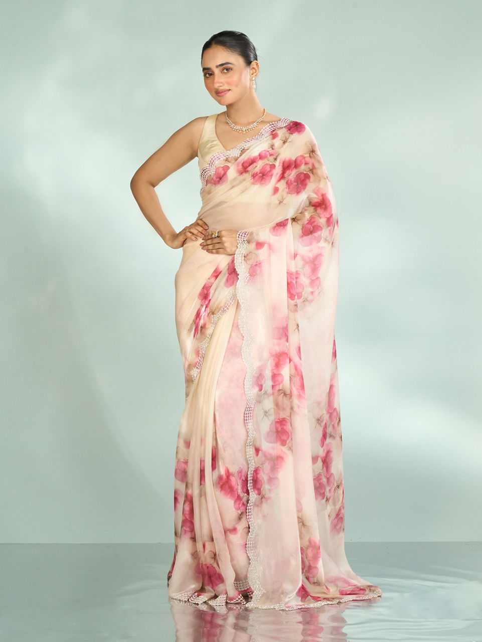 Mohey Women Elegant Pink Organza Saree Collection