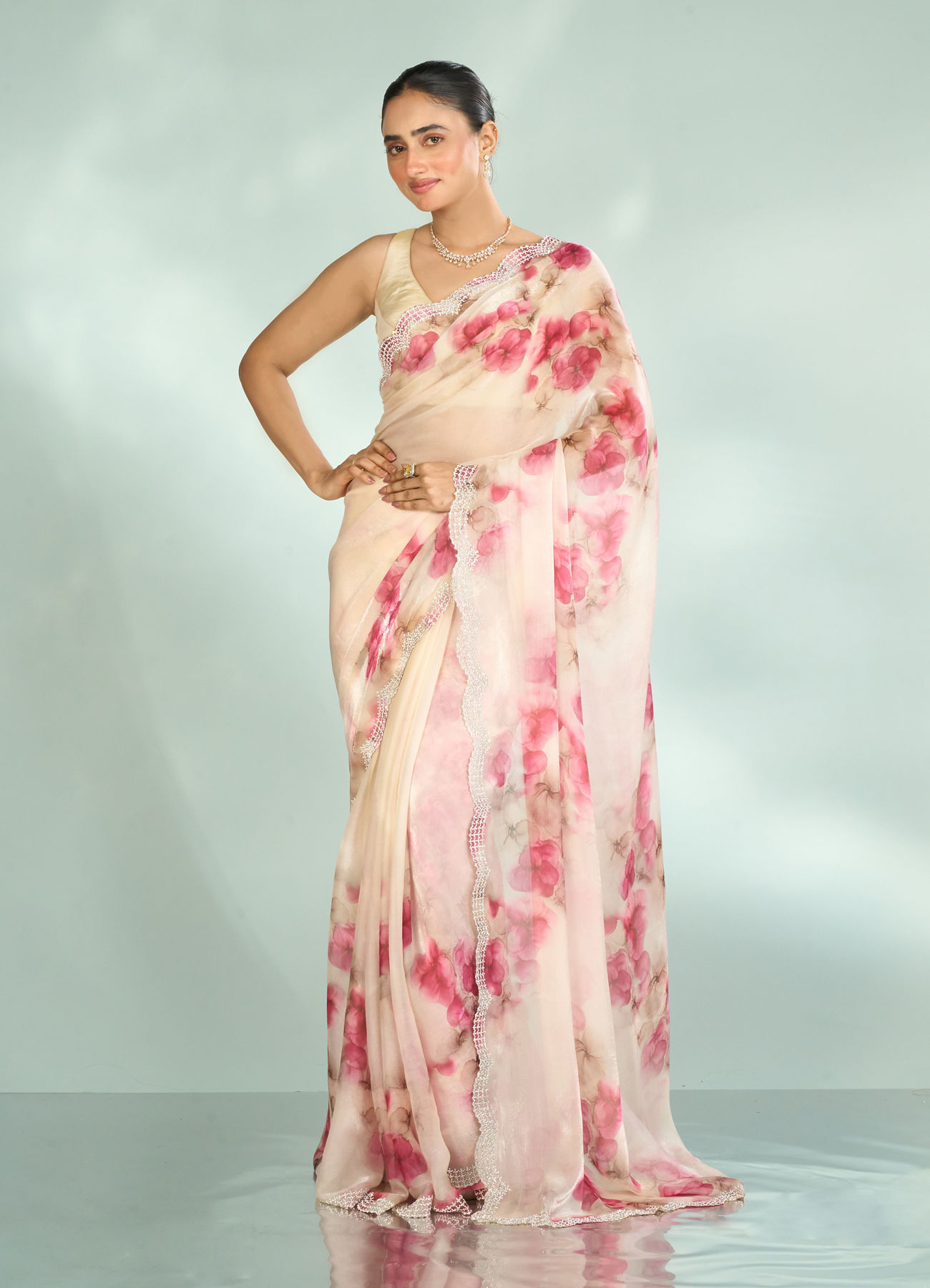 Mohey Women Elegant Pink Organza Saree Collection