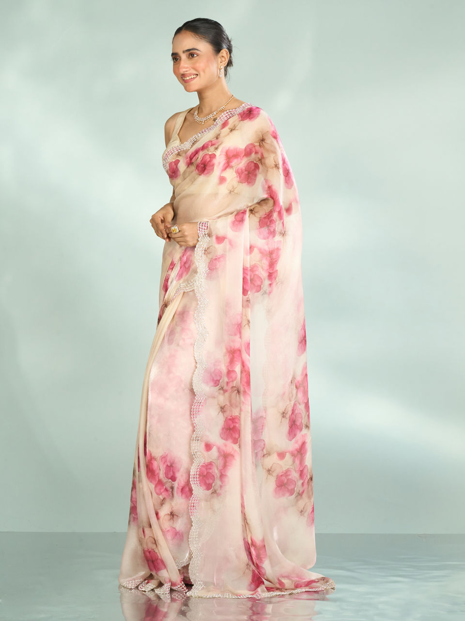 Mohey Women Elegant Pink Organza Saree Collection
