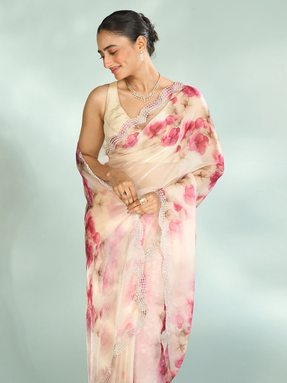Mohey Women Elegant Pink Organza Saree Collection