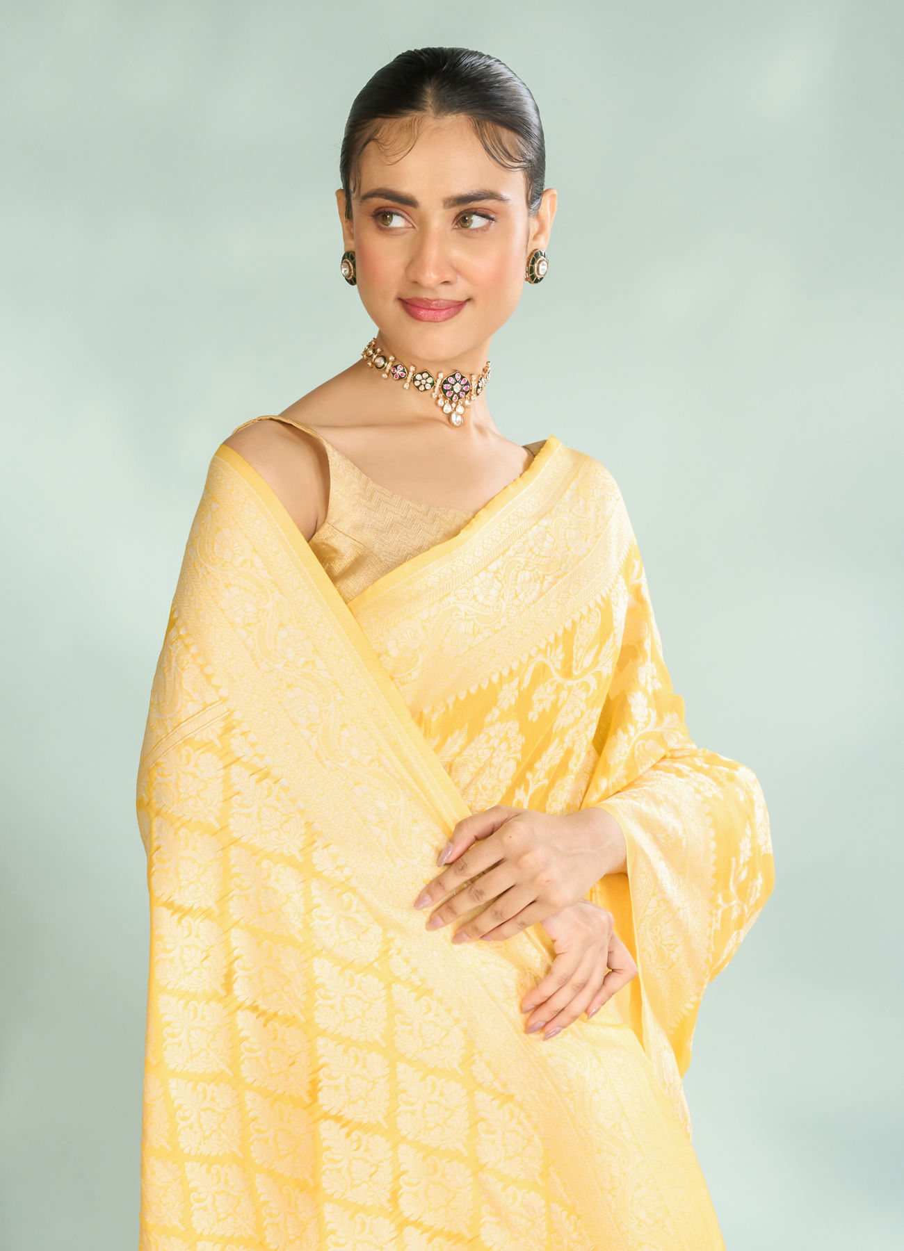 Mohey Women Lustrous Yellow Saree Ensemble