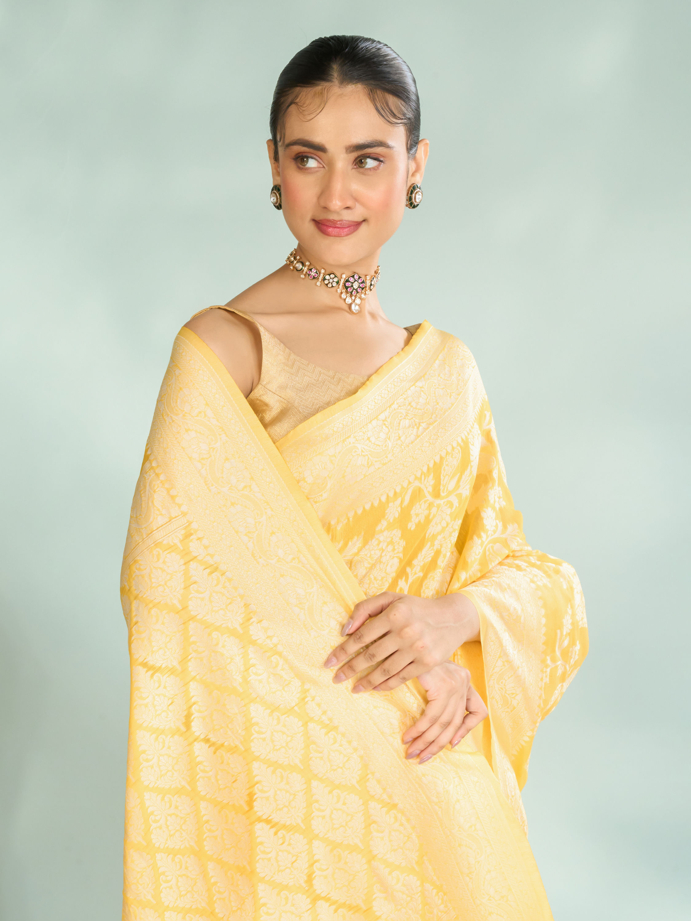Mohey Women Lustrous Yellow Saree Ensemble