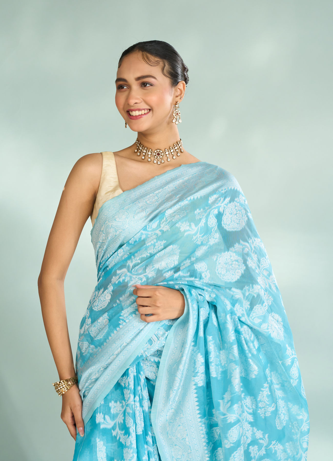 Mohey Women Elegant Light Blue Charm Saree