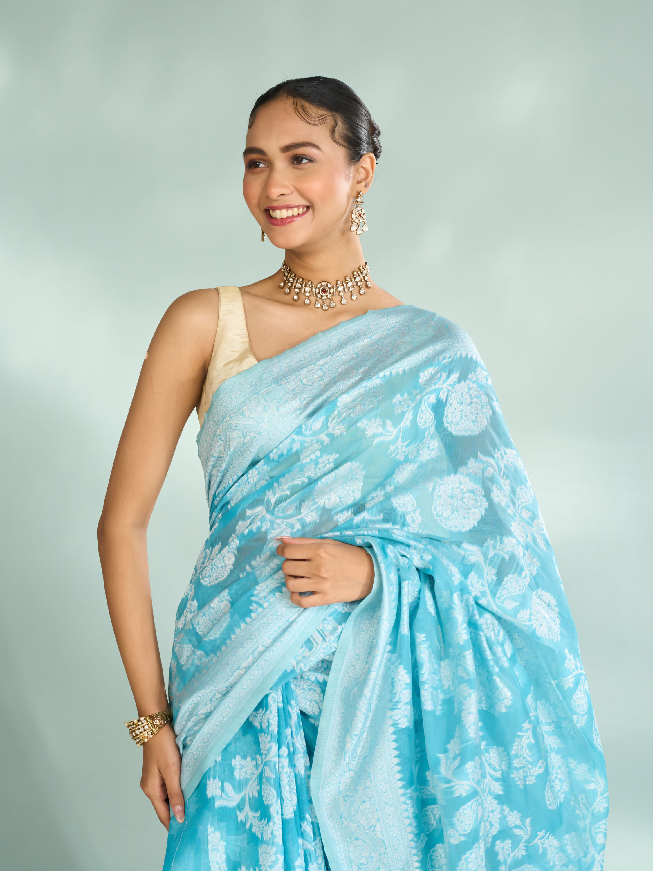 Mohey Women Elegant Light Blue Charm Saree