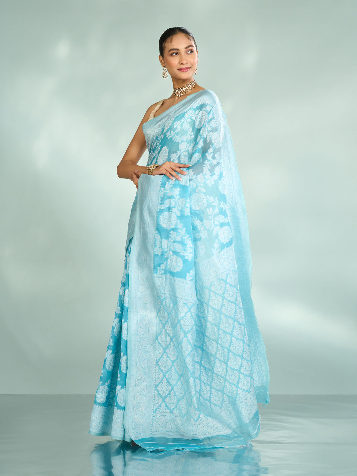 Mohey Women Elegant Light Blue Charm Saree