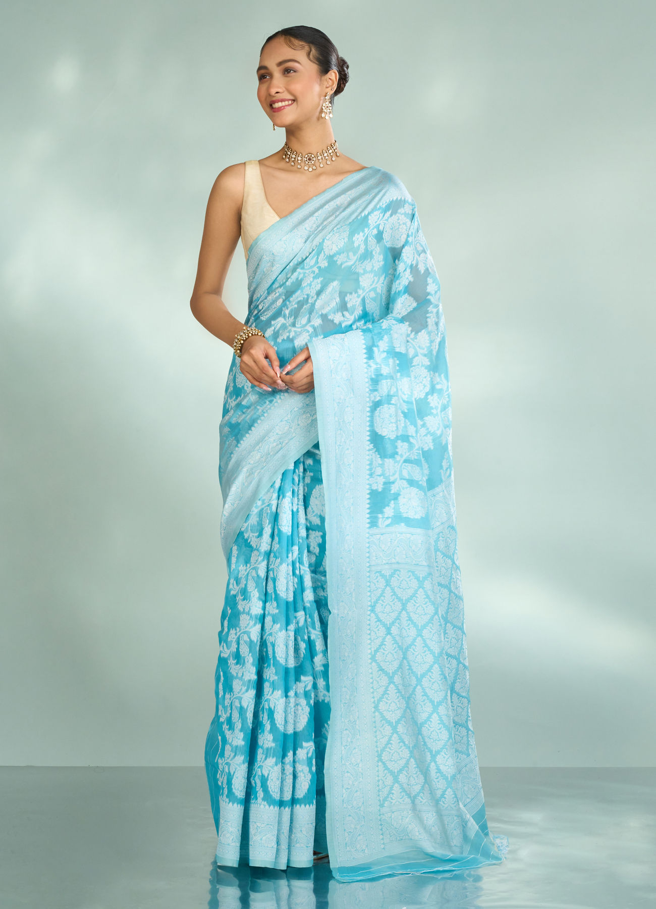 Mohey Women Elegant Light Blue Charm Saree