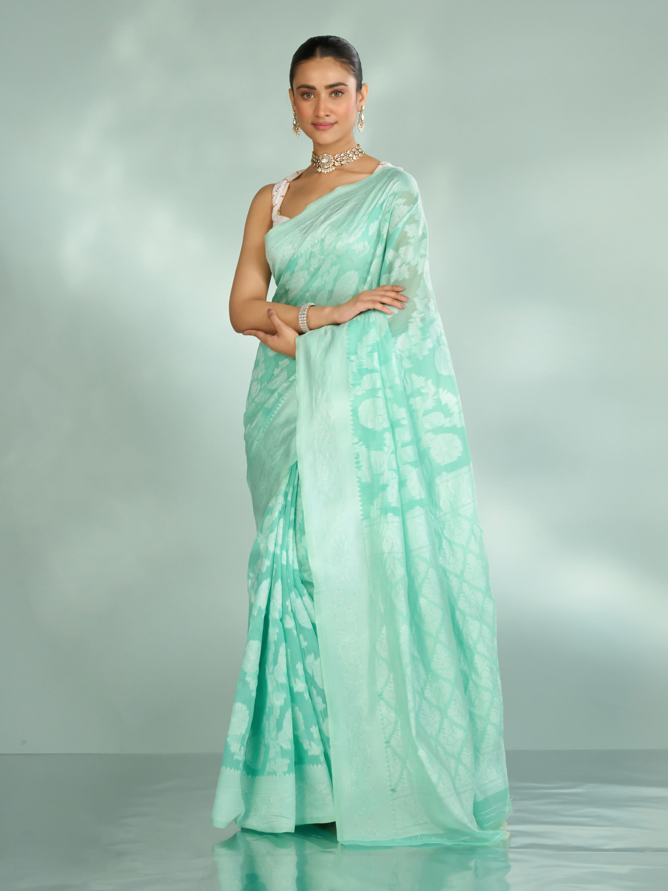 Mohey Women Sea Green Celebration Saree