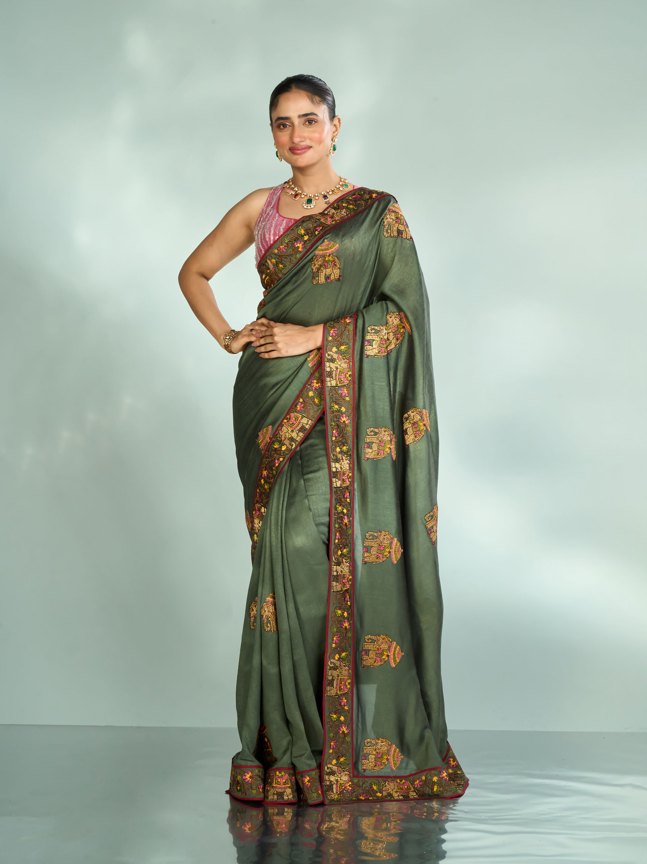 Mohey Women Pistachio Festive Elegance Saree