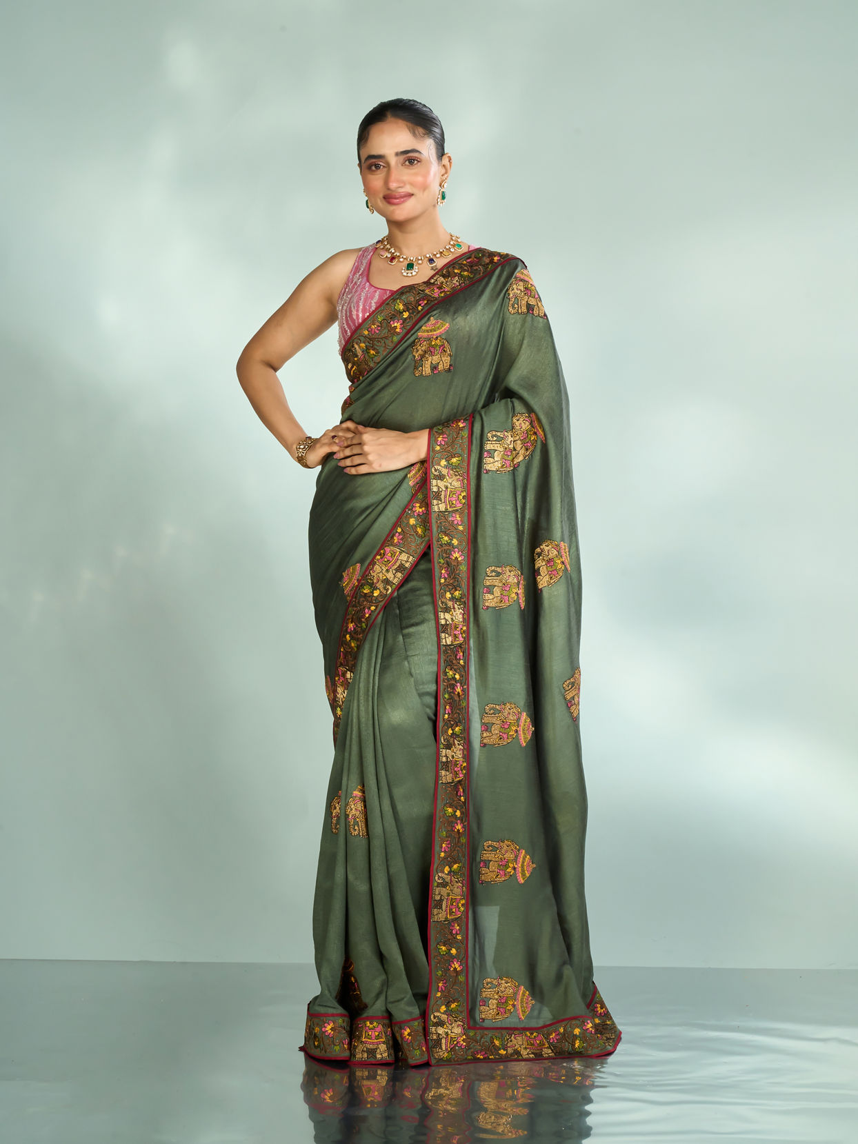 Mohey Women Pistachio Festive Elegance Saree
