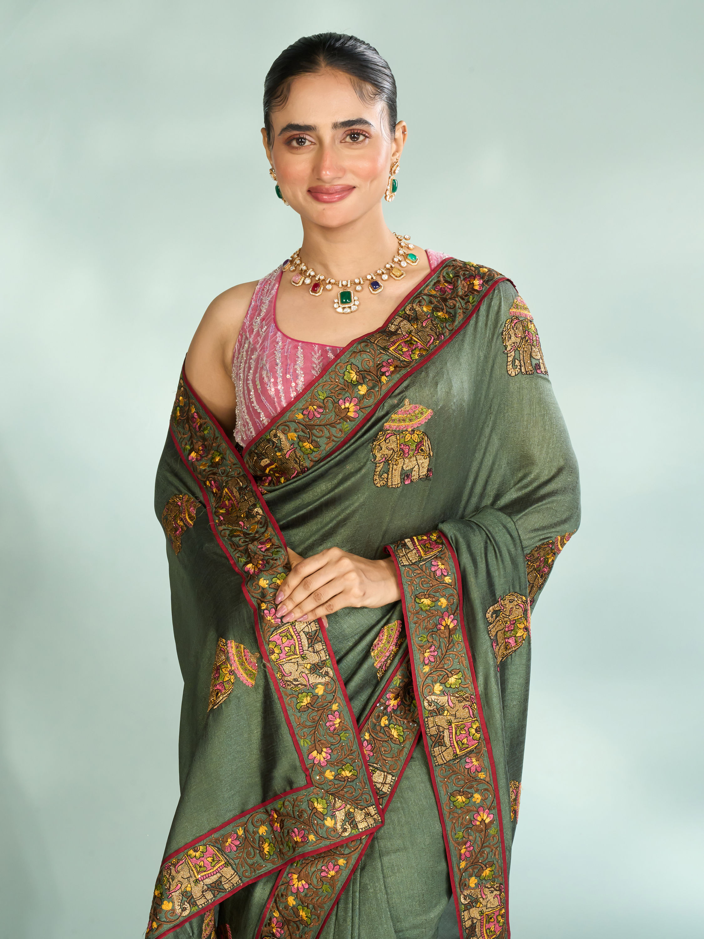 Mohey Women Pistachio Festive Elegance Saree