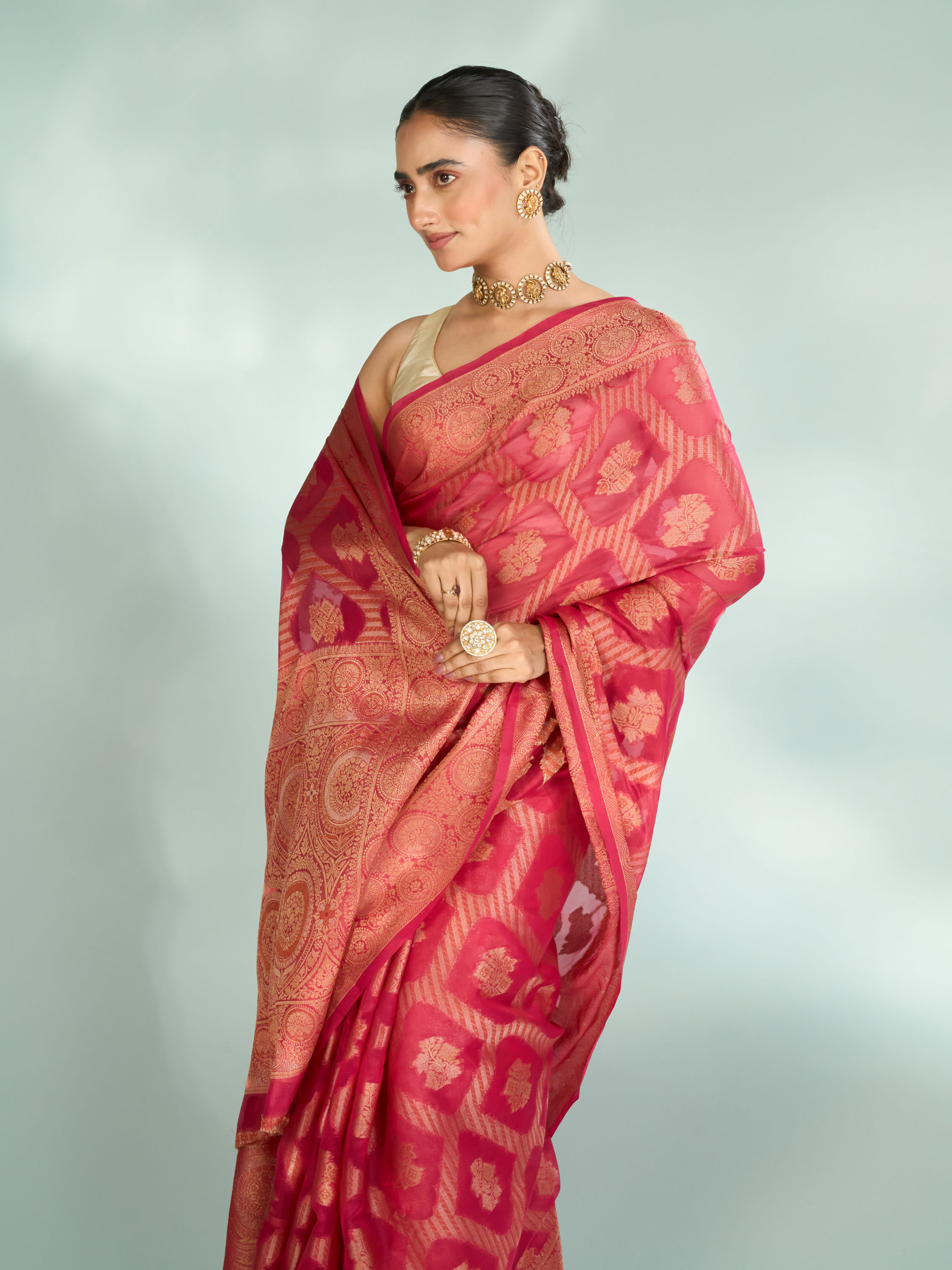 Mohey Women Pink Synthesis Silk Saree