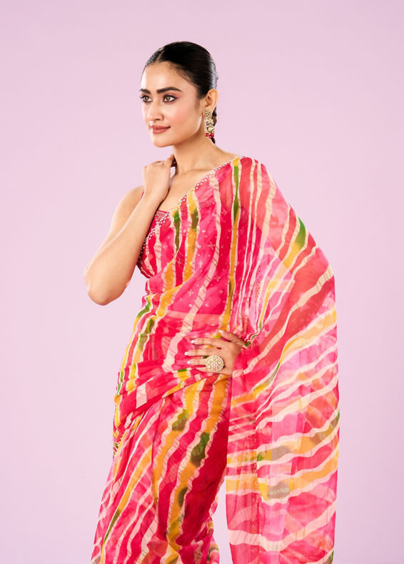 Mohey Women Elegant Pink Chiffon Saree