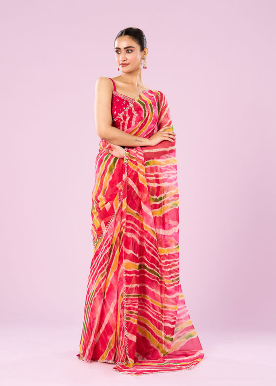 Mohey Women Elegant Pink Chiffon Saree