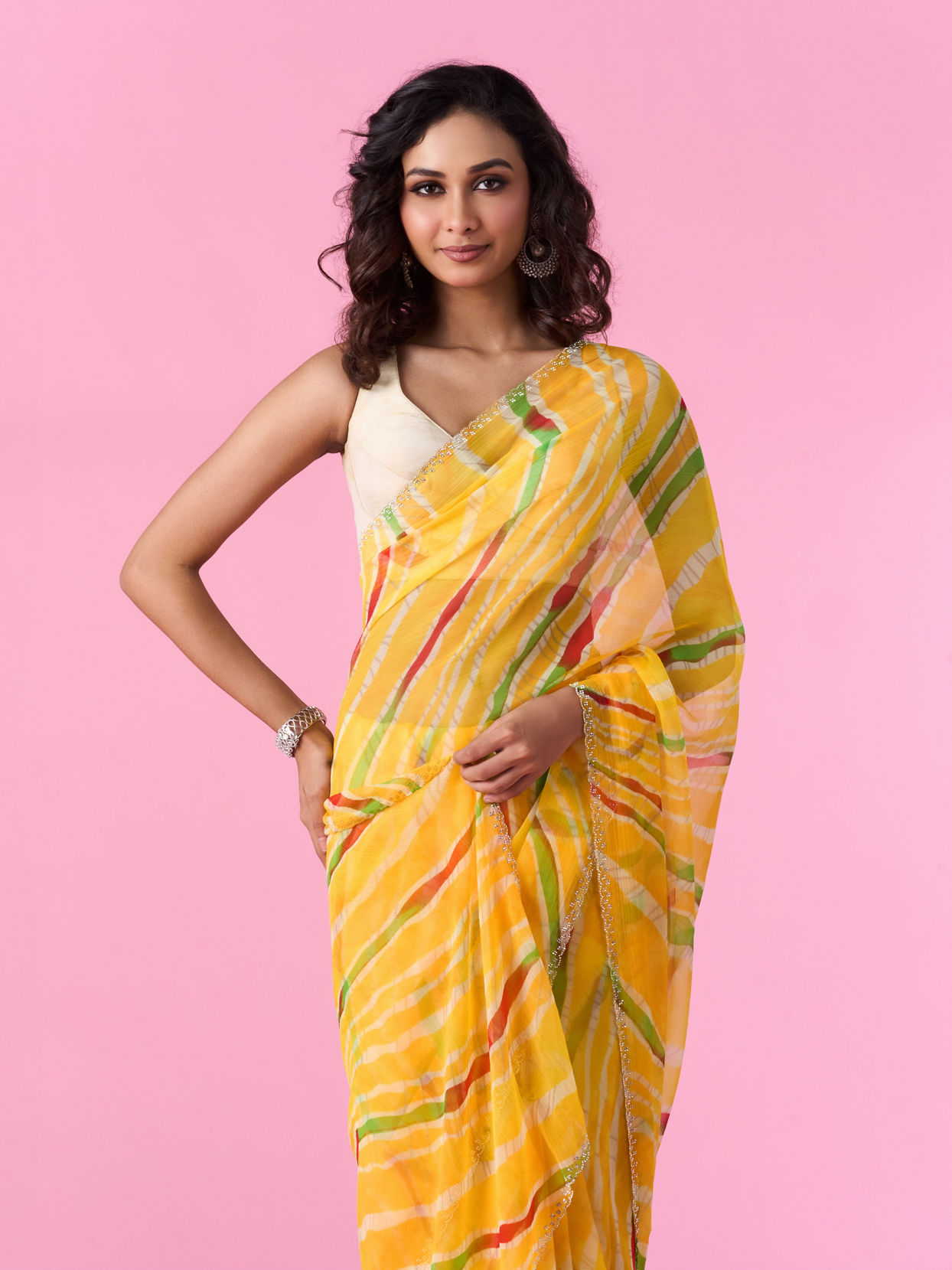 Mohey Women Mustard Yellow Chiffon Saree