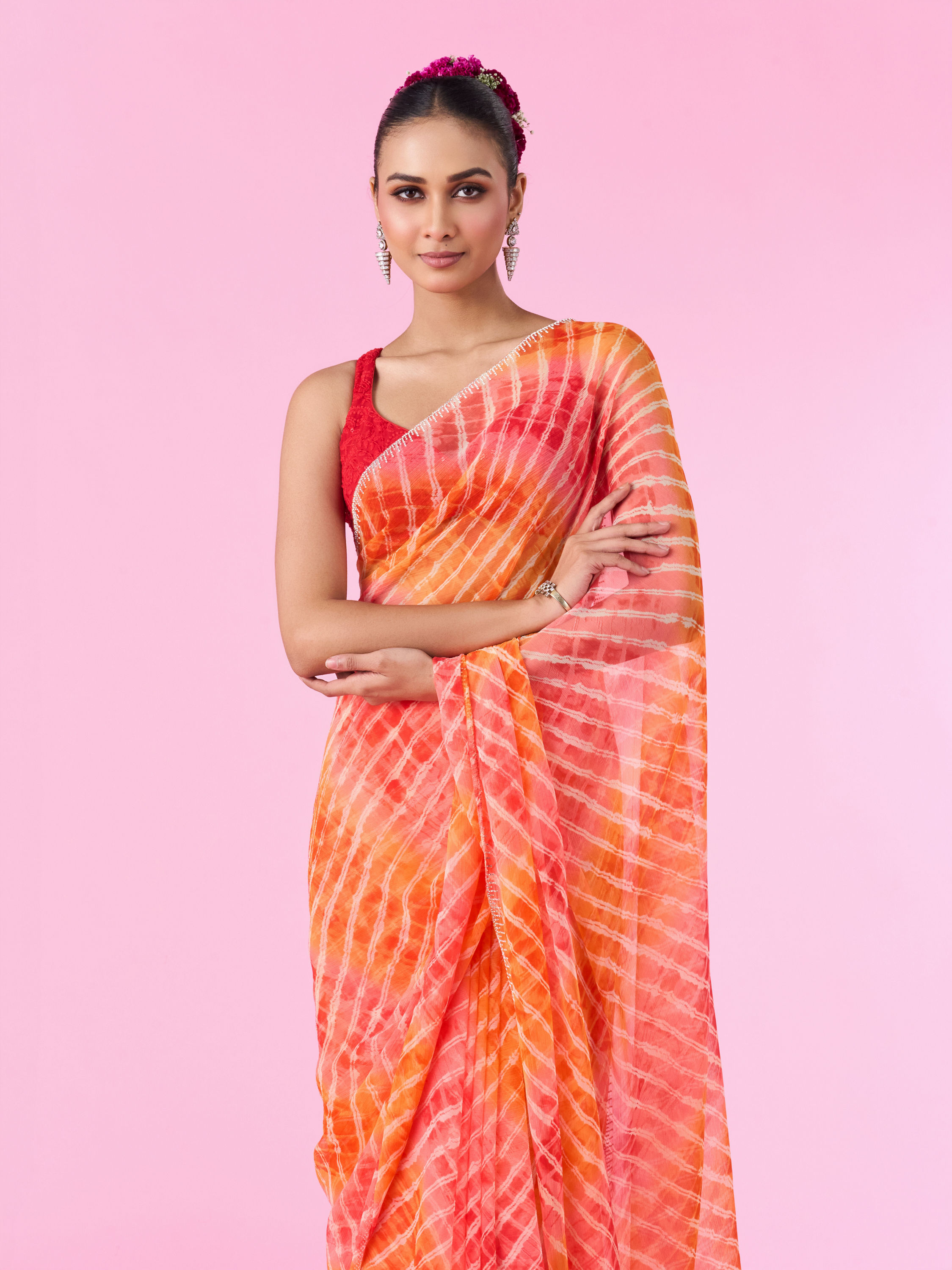 Mohey Women Orange Chiffon Wonder Saree