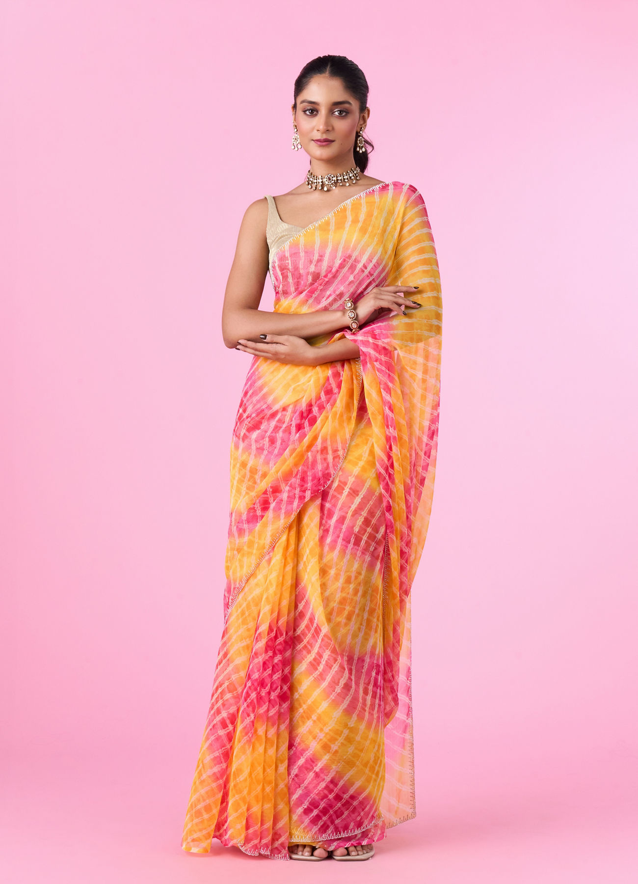 Mohey Women Vibrant Mustard Yellow Chiffon Saree