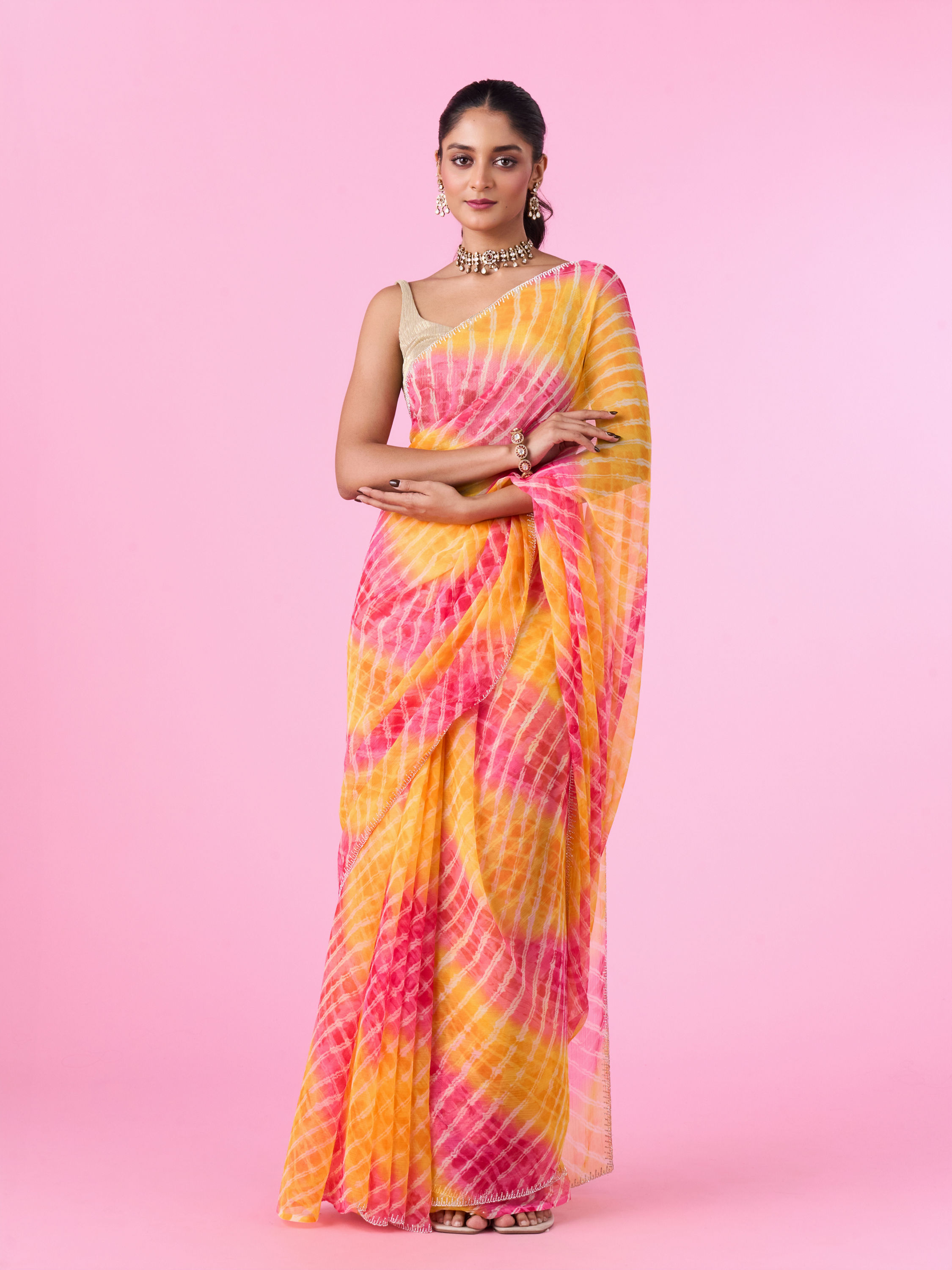 Mohey Women Vibrant Mustard Yellow Chiffon Saree