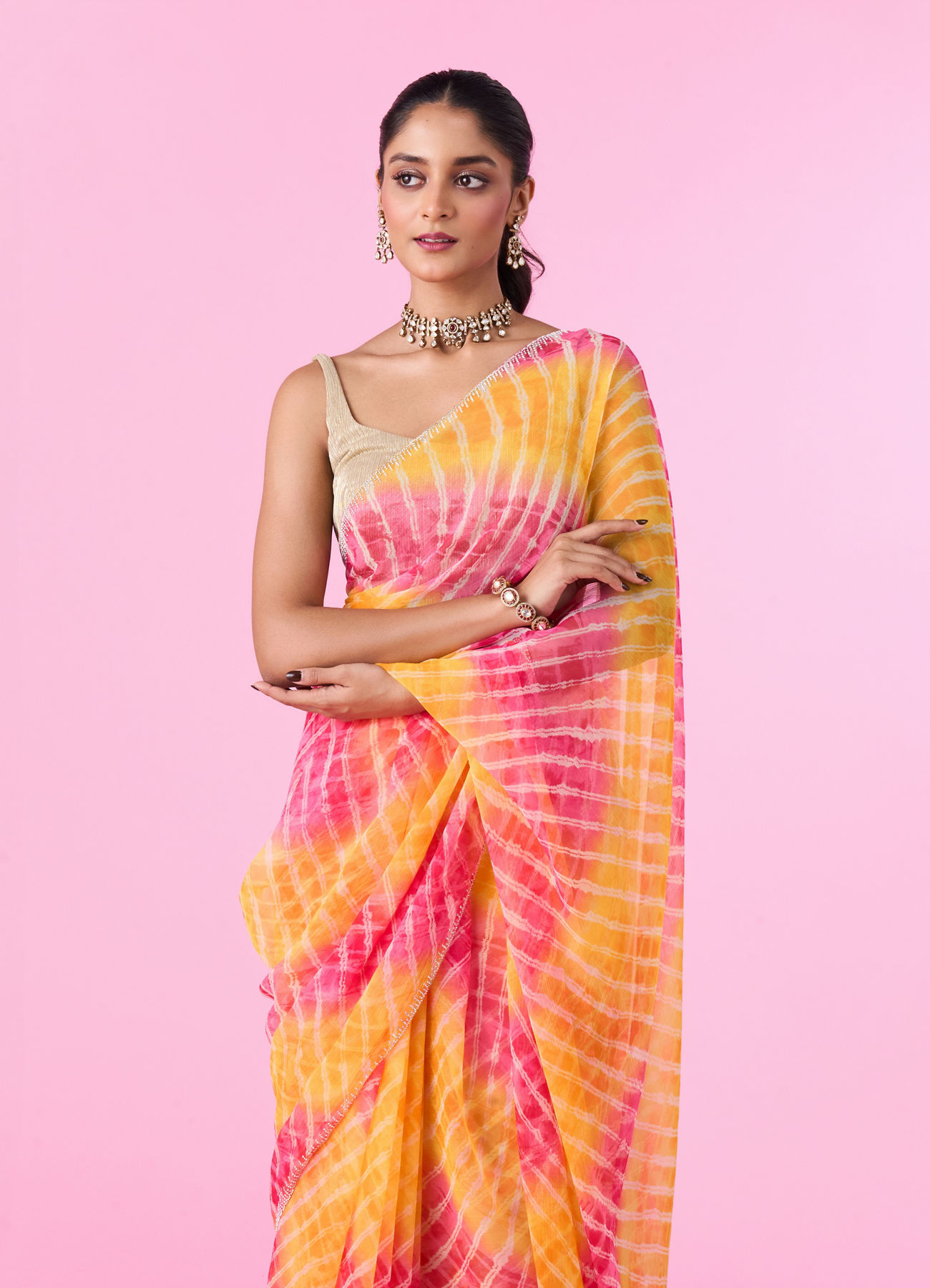 Mohey Women Vibrant Mustard Yellow Chiffon Saree