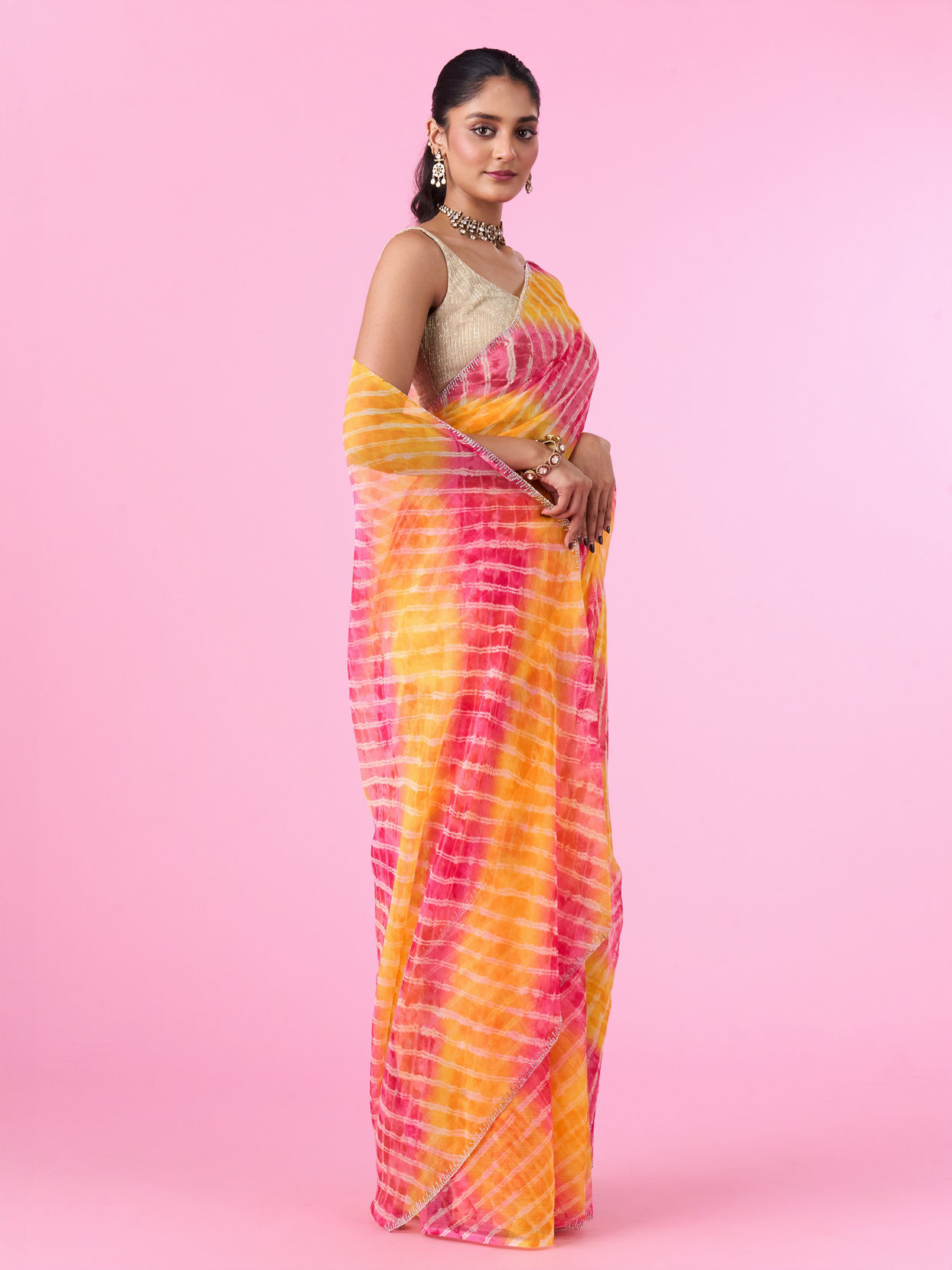 Mohey Women Vibrant Mustard Yellow Chiffon Saree