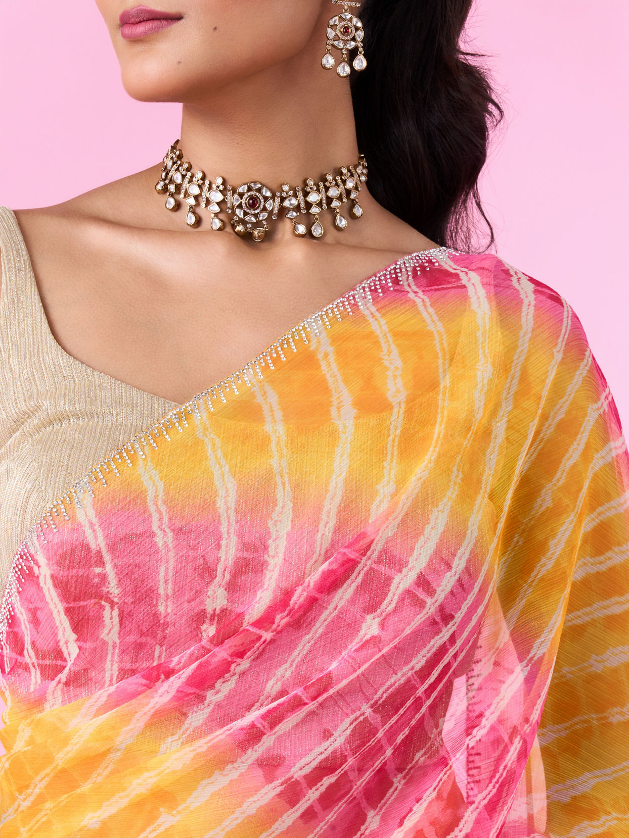 Mohey Women Vibrant Mustard Yellow Chiffon Saree