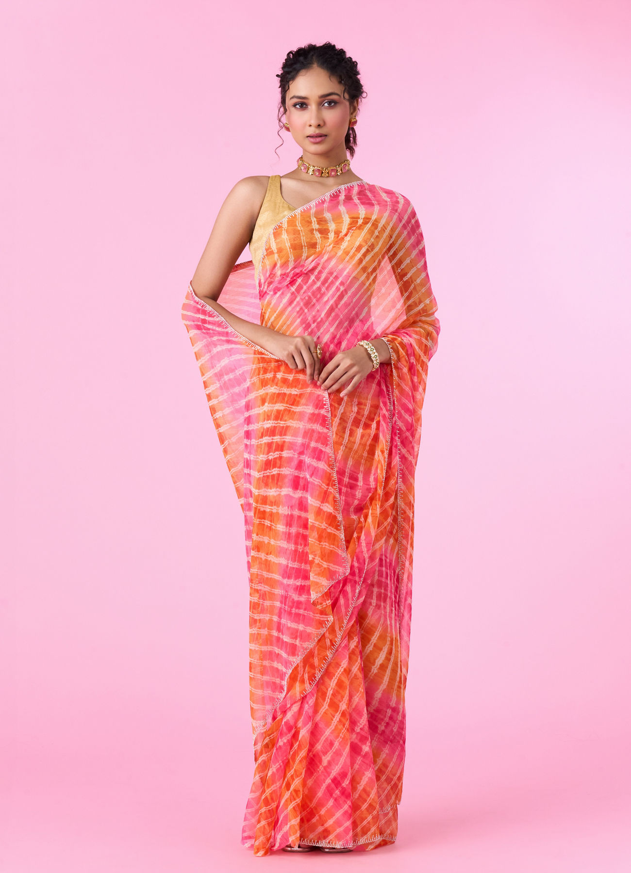 Mohey Women Radiant Rani-Orange Chiffon Saree