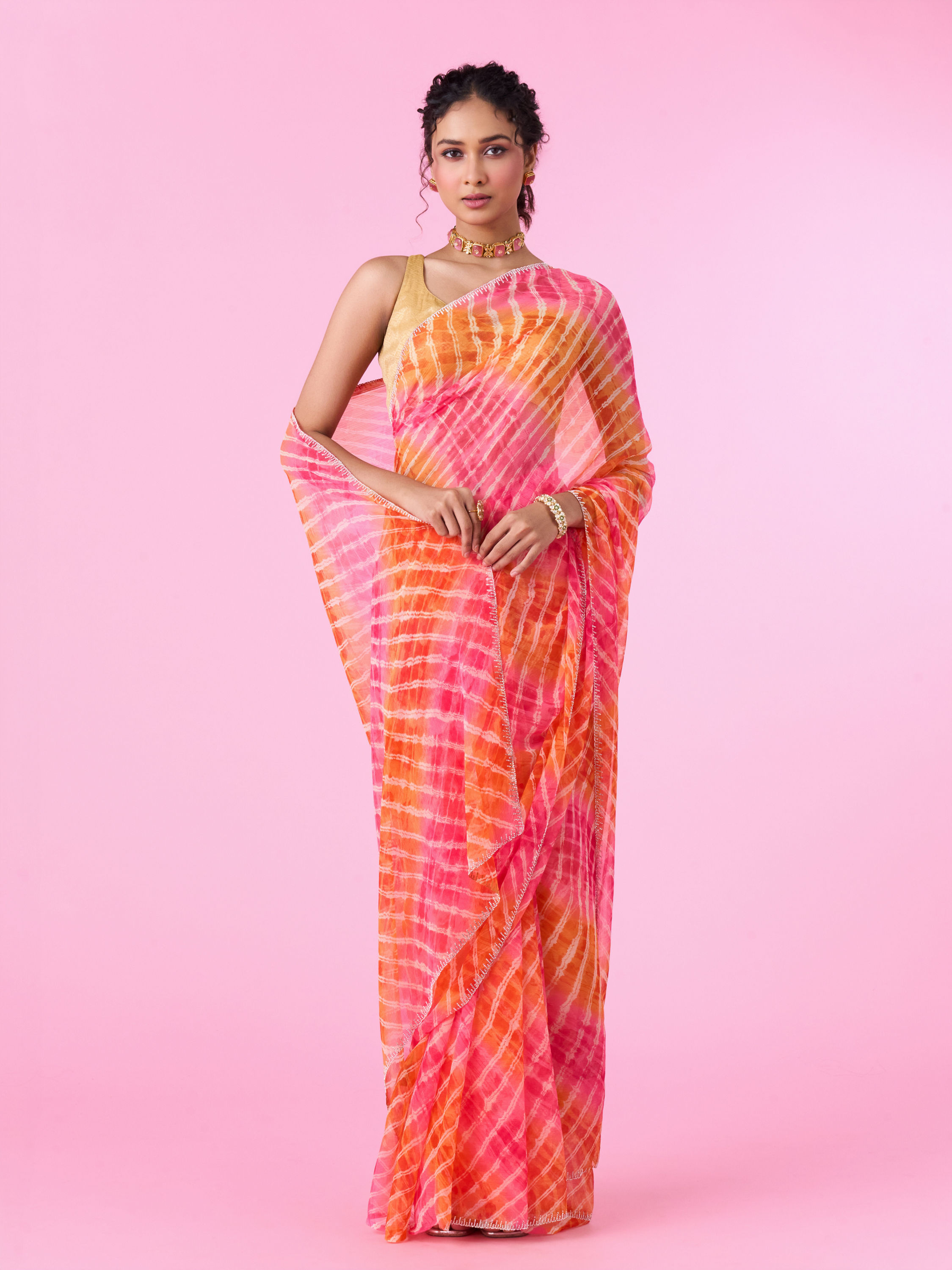 Mohey Women Radiant Rani-Orange Chiffon Saree