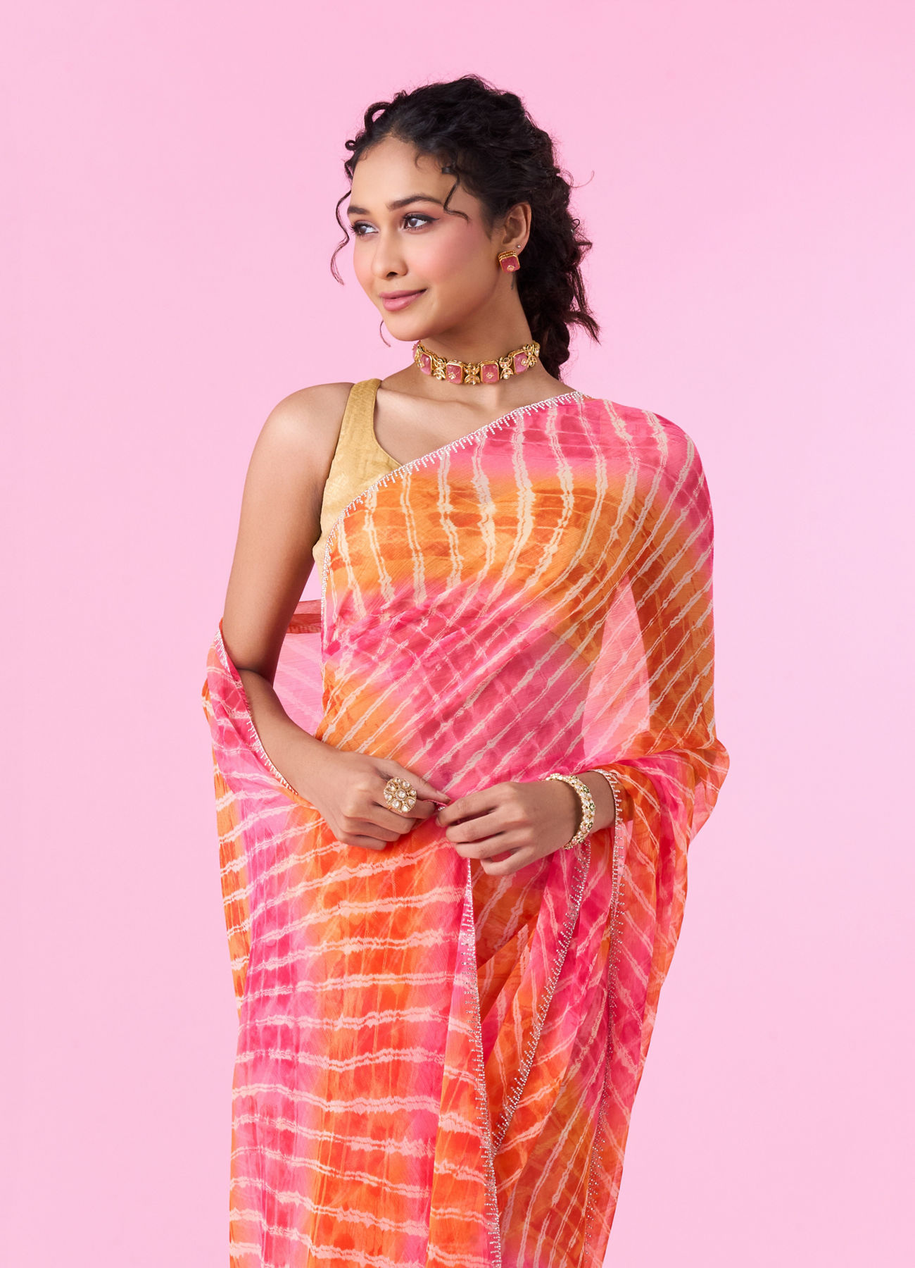 Mohey Women Radiant Rani-Orange Chiffon Saree