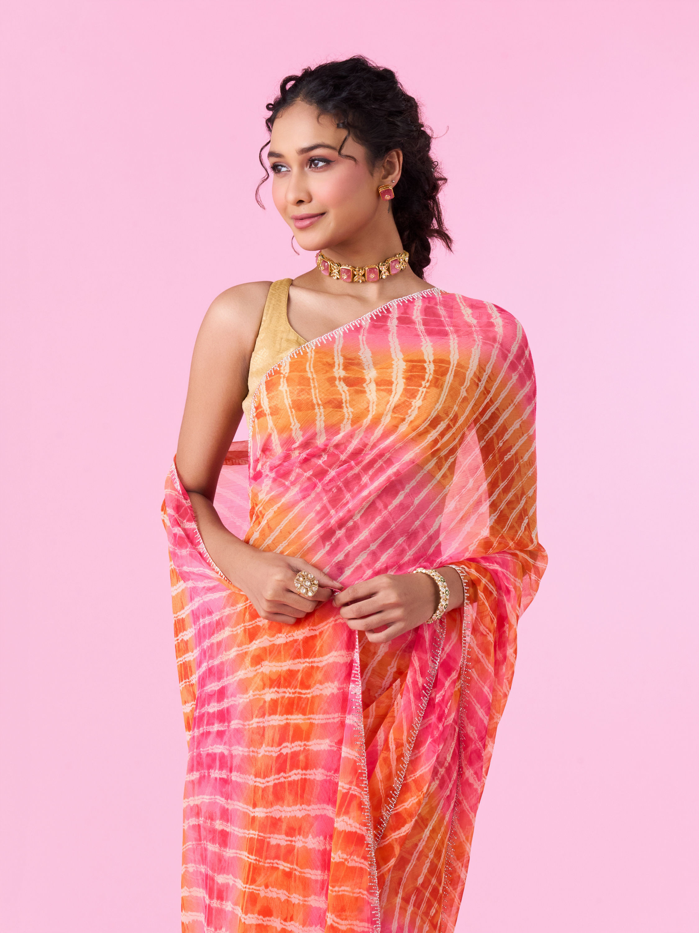 Mohey Women Radiant Rani-Orange Chiffon Saree