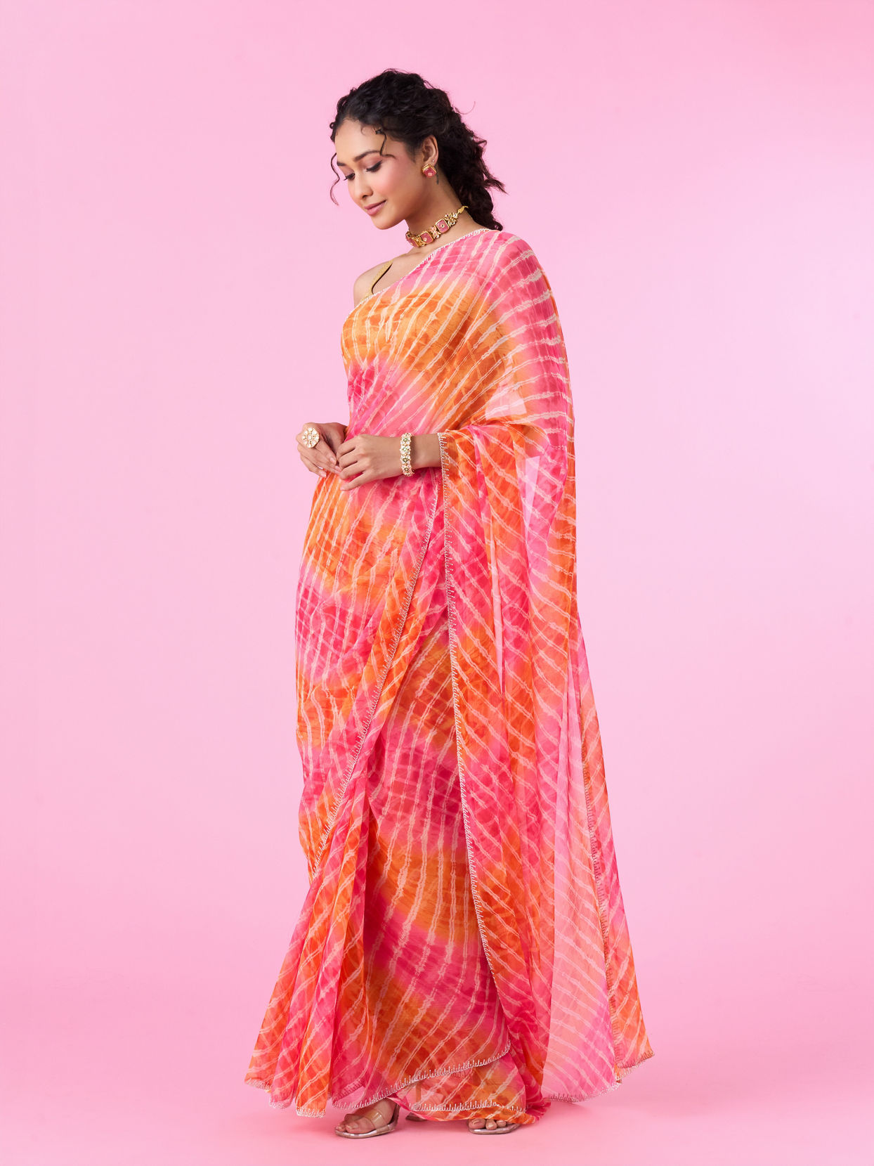 Mohey Women Radiant Rani-Orange Chiffon Saree